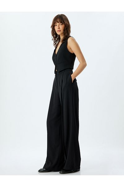 Koton High Waist Pocket Pleat Detailed Crepe Fabric Palazzo Pants