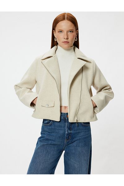 Koton Soft Textured Short Biker Jacket with Zippered Pockets