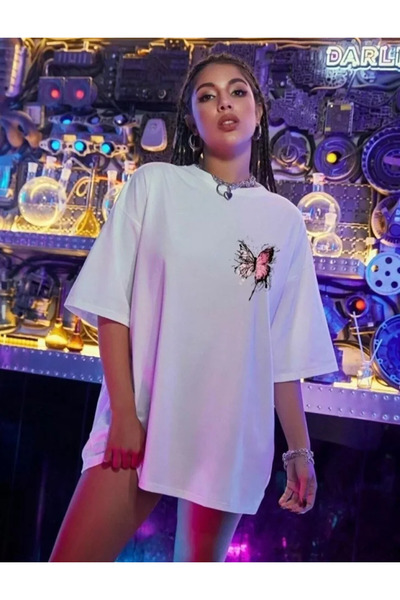 Genel Markalar Gökyüzü Moda Unisex Baskılı Oversize T-Shirt - Beyaz