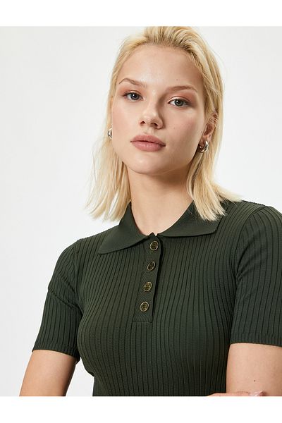 Koton Polo Neck Slim Fit Sweater - Short Sleeve and Button Detail