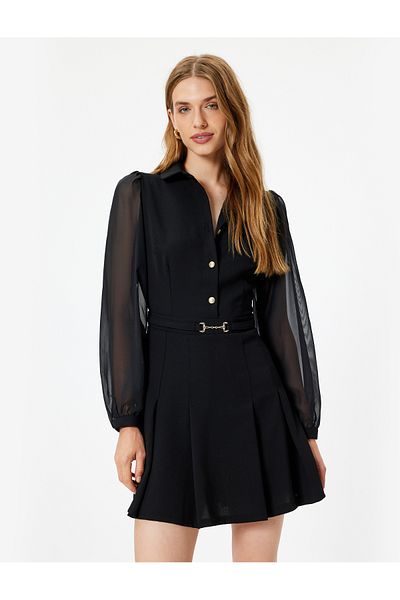 Koton Long Sleeve A-line Tulle Mini Dress - Shirt Collar and Button Detail