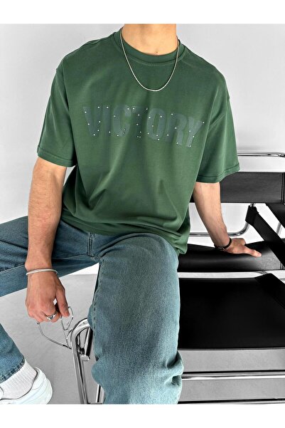 ablukaonline Чоловіча футболка з принтом «Victory» і камінцями, темно-зелена