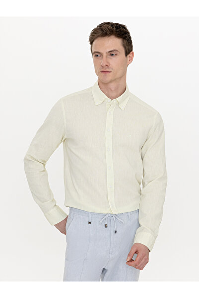 Cacharel Fıstık Yeşili Keten Karışımlı Slim Fit Uzun Kollu Gömlek 50250813-VR087