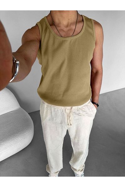 ablukaonline Мъжки oversize разтеглив потник с шнур - светлокафяв
