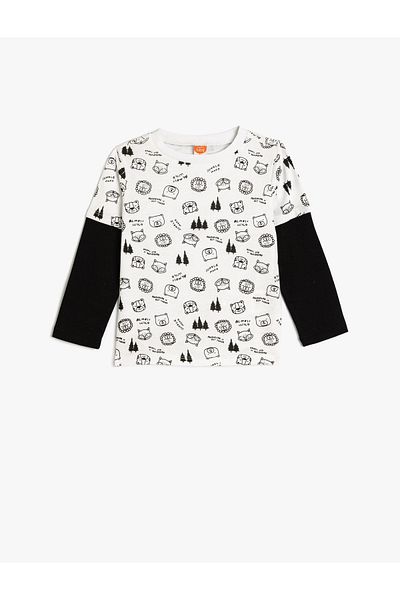 Koton Animals Printed Cotton Long Sleeve Crew Neck T-Shirt