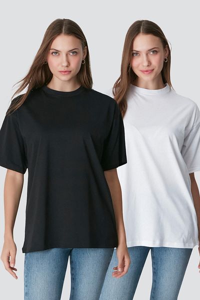 C&City Μπλουζάκι Casual Basic 2 τεμαχίων - με λαιμόκοψη, κοντό μανίκι, 961 μαύρο/άσπρο