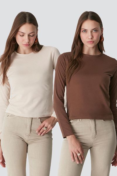 C&City Μπλουζάκι Basic μακρυμάνικο με λαιμόκοψη 2 Pack - 955 Μπεζ/Καφέ