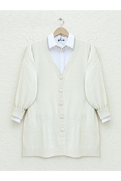 Modamorfo Winter Hijab Knitwear Cardigan - Button and Cream