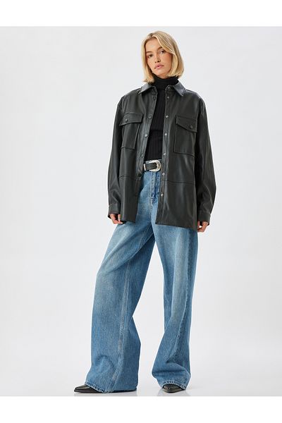 Koton Oversize Faux Leather Shirt - Covered Double Pocket Jacket