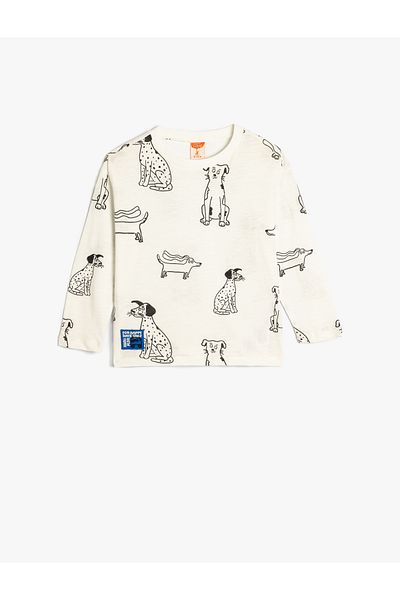 Koton Dog Printed Cotton Long Sleeve Crew Neck T-Shirt