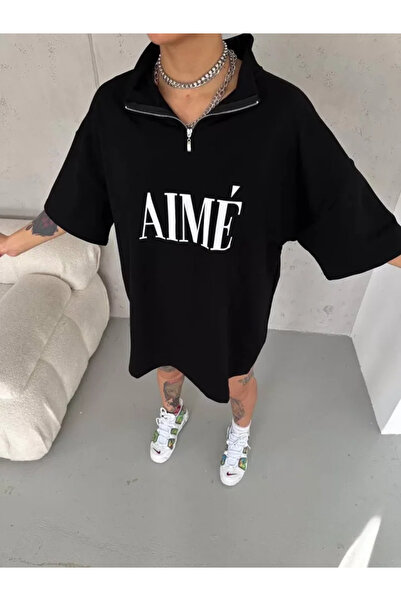 JANES   Unisex Half Zip Printed T-Shirt - Black