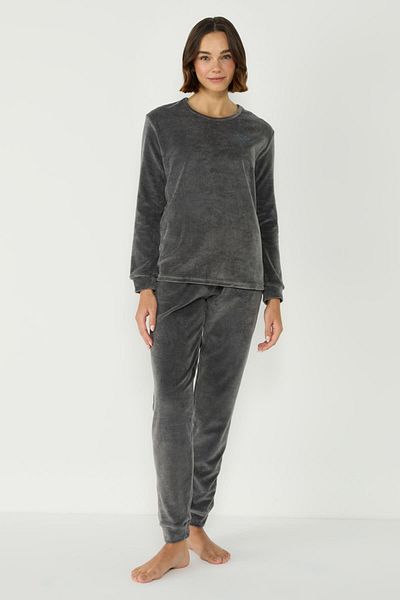 C&City Velvet Crew Neck Low Shoulder Long Sleeve Pocket Pajama Set 403096   Smoked
