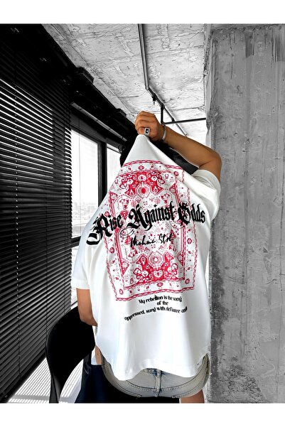 ablukaonline White Men's Oversize Pattern Printed Crew Neck T-Shirt