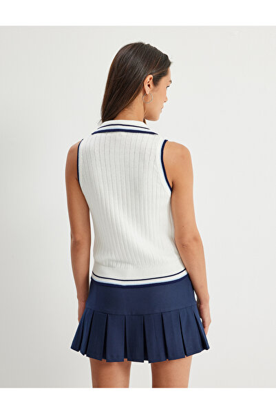 Koton Color Contrast Striped Sleeveless Polo Neck Knitwear Top with Button Detail