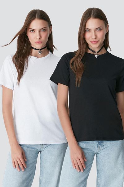 C&City Μπλουζάκι 2 τεμαχίων Crew Neck Basic - Κοντό μανίκι, 960 Μαύρο/Λευκό