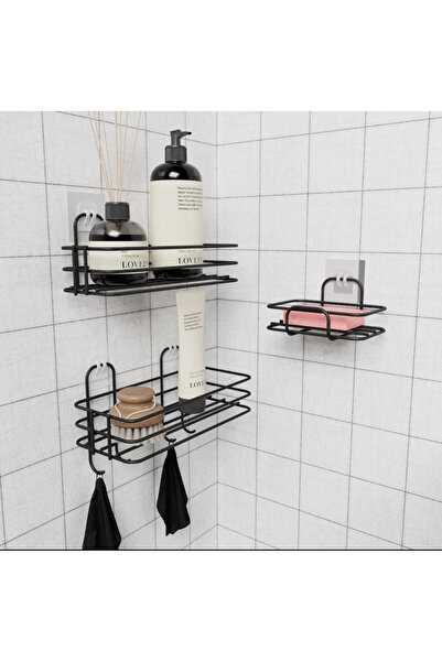 VİE HOUSE Yapışkanlı 3 Lü Banyo Seti 2 Adet Banyo Rafı Şampuanlık 1 Adet katı...