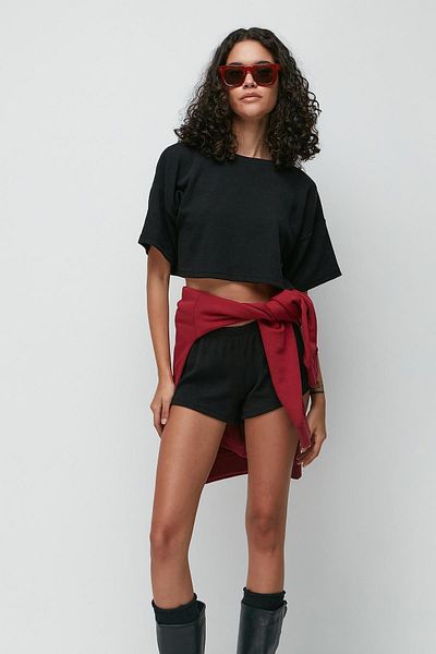 C&City Schwarzes Kurzarm-T-Shirt- und Shorts-Set mit Kordelzug – 9137