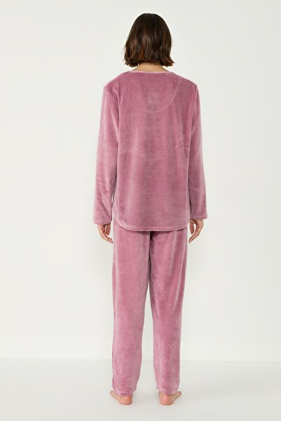 C&City Velký sametový pyžamový set s dlouhým rukávem a kapsami - Crew Neck 403087 Růžový