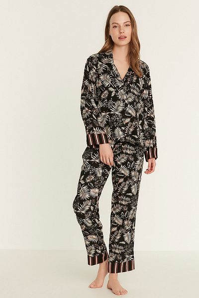 C&City Gemustertes Viskose-Langarmhemd-Pyjama-Set 9082 Schwarz