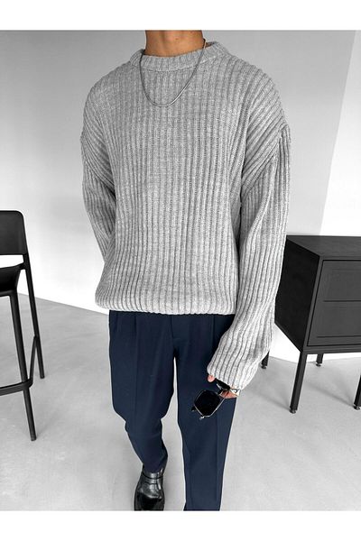 ablukaonline Gray Men's Knitted Extra Oversize Ribbed Sweater