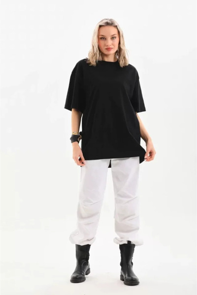 pazarella Unisex Crew Neck 20/1 Plain Oversize T-Shirt - Black