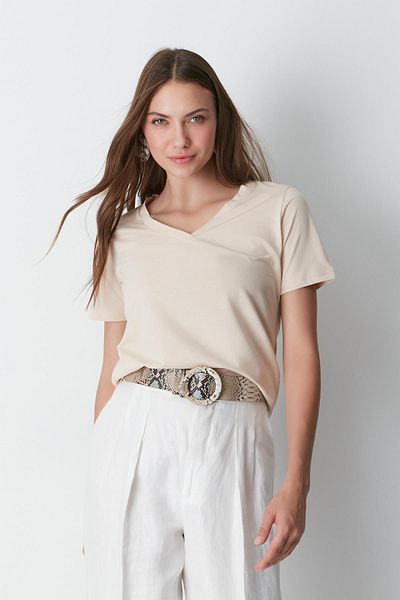 C&City Βασικό T-Shirt με κοντό μανίκι V-λαιμόκοψη 2 συσκευασιών 962 Χακί/Μπεζ