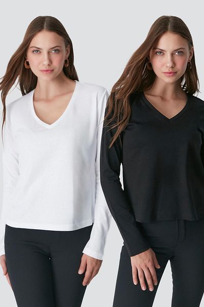 C&City V-Neck 2-Piece Black/White Basic T-Shirt - Long Sleeve 954