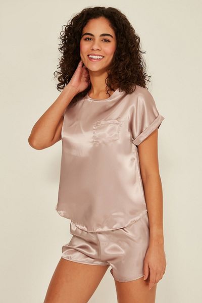 C&City 080 Γυναικείο Σατέν T-shirt Σορτς Σετ Mink