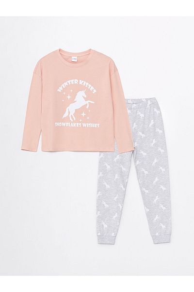 LC Waikiki Lcwk Crew Neck Printed Long Sleeve Girls Pajamas Set