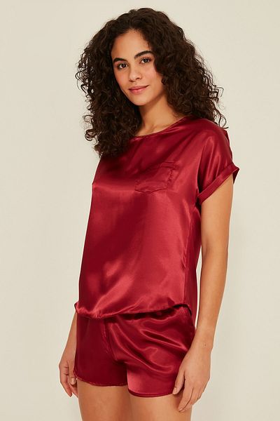 C&City 080 Women's Satin T-shirt Shorts Set Claret Red