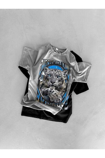 ablukaonline Сіра оверсайз футболка з принтом леопарда для чоловіків