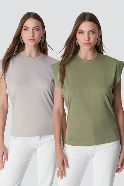C&City Μπλουζάκι 2 τεμαχίων Crew Neck Basic - Κοντό μανίκι, Χακί/Γκρι 958