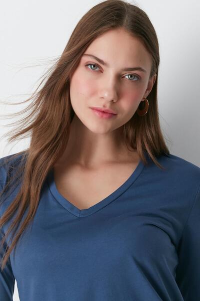 C&City V-Neck 2-Piece Basic T-Shirt Set - 954 Indigo/Claret Red