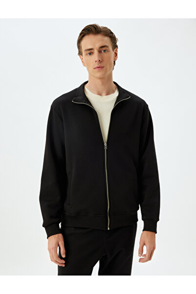 Koton Stand Collar Zippered Long Sleeve Raised Cotton Cardigan - Pocket Detailed