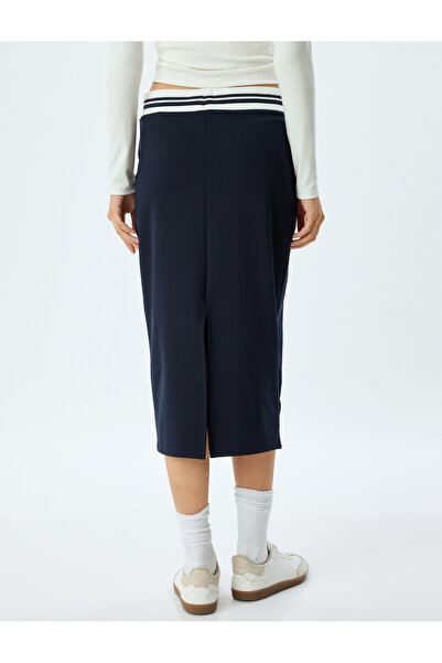 Koton Kontrast Detaylı Beli Lastikli Yırtmaçlı Midi Boy Kalem Etek