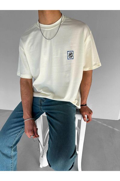 ablukaonline Ανδρικό μπλουζάκι Ecru Oversize - Patched and Textured