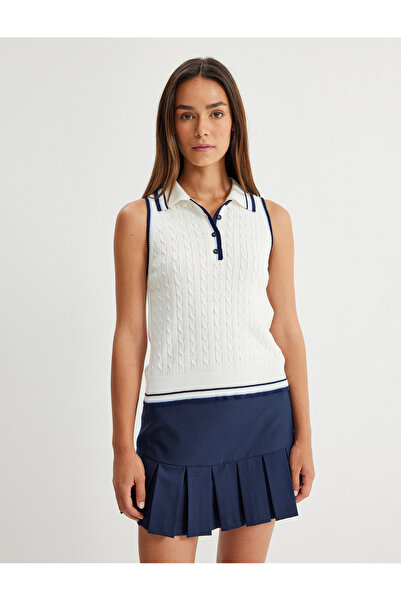 Koton Color Contrast Striped Sleeveless Polo Neck Knitwear Top with Button Detail