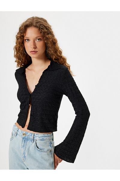 Koton Textured Slim Fit Shirt Collar Long Sleeve T-Shirt