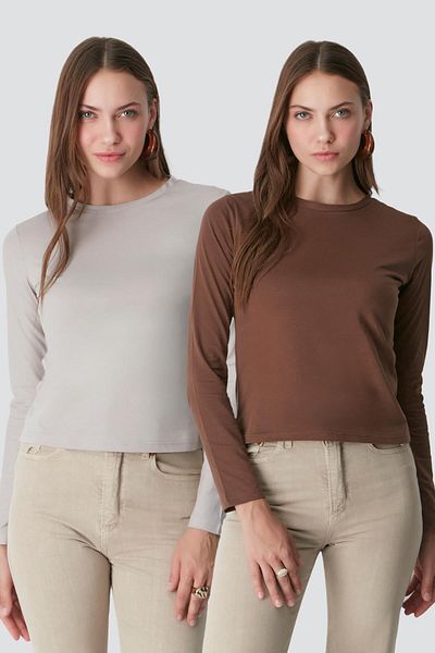 C&City Μπλουζάκι 2 τεμαχίων Crew Neck Basic - Μακρυμάνικο, Γκρι/Καφέ 955