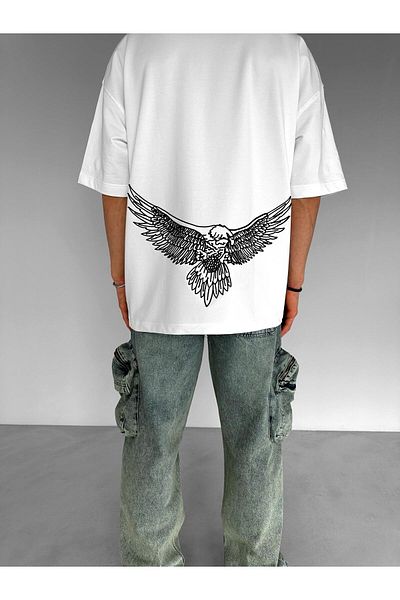 ablukaonline Λευκό Κεντημένο Oversize T-shirt - Ανδρική στρογγυλή λαιμόκοψη