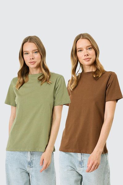 C&City 2 Pack Crew Neck Basic T-Shirt - 960 Καφέ/Χακί