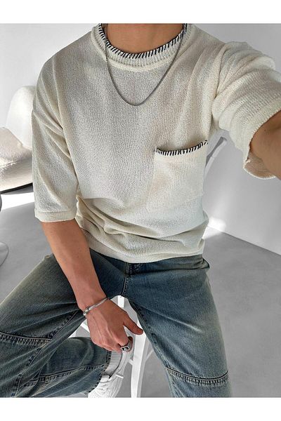 ablukaonline Ανδρικό πλεκτό μπλουζάκι Oversize με μπροστινή τσέπη κρέμα