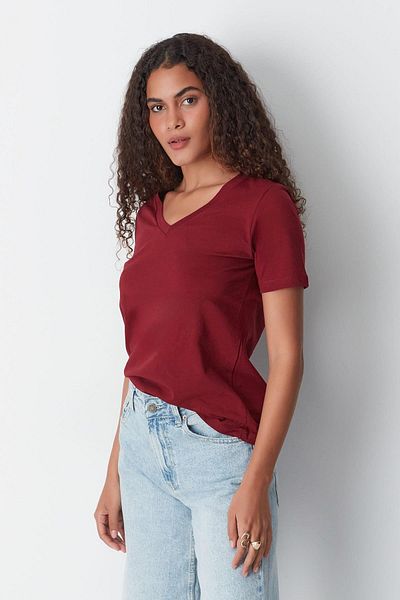 C&City 2-Piece V-Neck Basic T-Shirt - Short Sleeve, Smoke/Claret Red 962