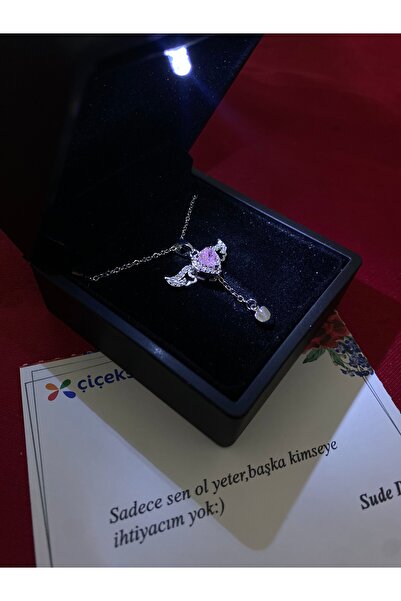 Çelik Melek Kanadı Çelik Kalpli Kolye - Özel Işıklı Kutu ile Birlikte