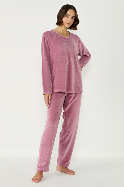 C&City Velký sametový pyžamový set s dlouhým rukávem a kapsami - Crew Neck 403087 Růžový