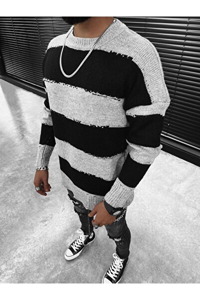 ablukaonline Gray Oversize Striped Men's Sweater