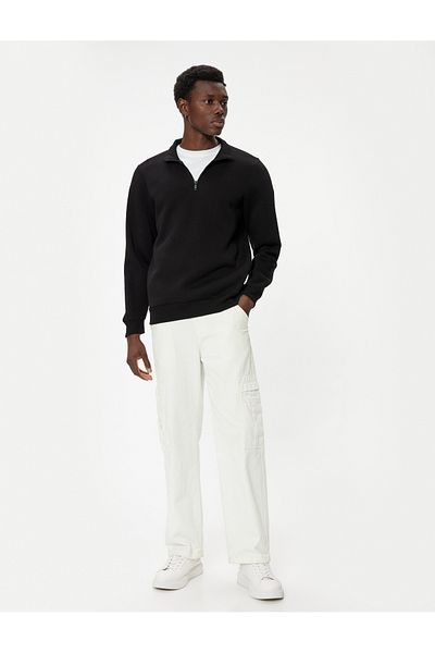Koton Half Zip Collar Basic Ribbed Cotton Blended Long Sleeve Sweatshirt