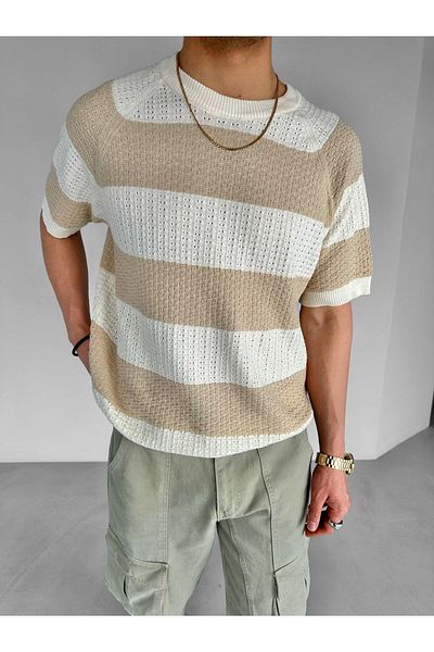 ablukaonline Μπεζ ανδρικό πλεκτό πουλόβερ Oversize T-shirt - Line Pattern