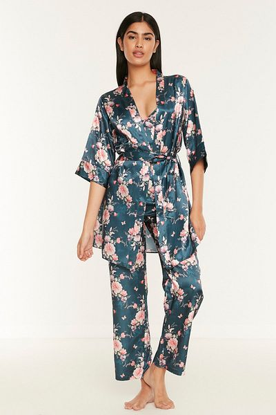 C&City 045 Women's Patterned 3-Piece Satin Pajama Set Petrol Green