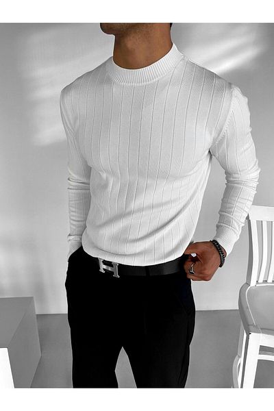 ablukaonline Men's Striped Ecru Knitwear Sweater - Round Neck